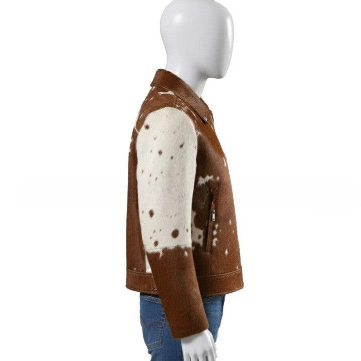 Mens Chestnut Brown Zip Leather Jacket with Speckled Contrast Panels   Refined Casual Outerwear