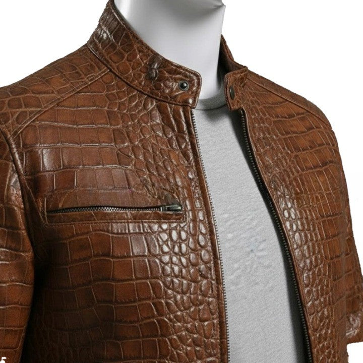Mens Brown Textured Leather Jacket  Handmade Zip Up Coat