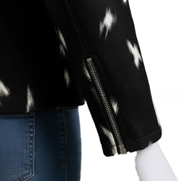 Mens Black and White Pattern Leather Jacket with Front Zip  Modern Minimalist Casual Outerwear