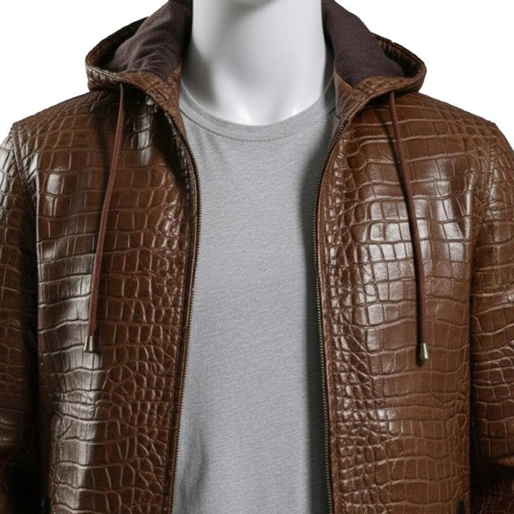 Mens Brown Croc Embossed Genuine Leather Hoodie  Biker Jacket