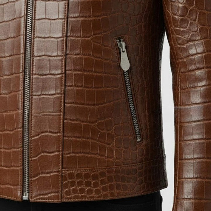 Mens Brown Croc Embossed Leather Jacket  Slim Fit Stand Collar