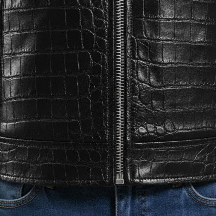 Mens Black Crocodile Embossed Leather Jacket  Genuine Leather Biker Jackets  Handmade Luxury Coat