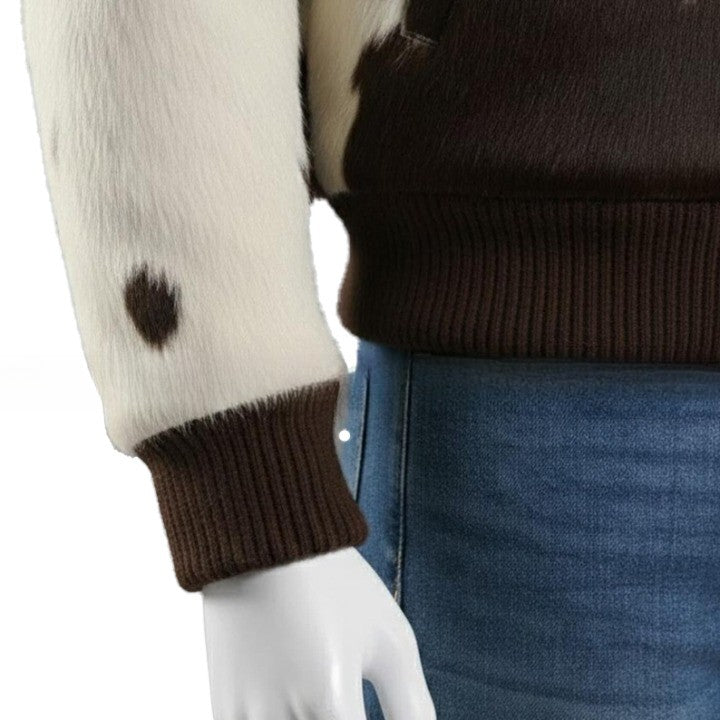 Mens Brown and Cream Zip Up Leather Jacket with Ribbed Hem  Contemporary Casual Outerwear