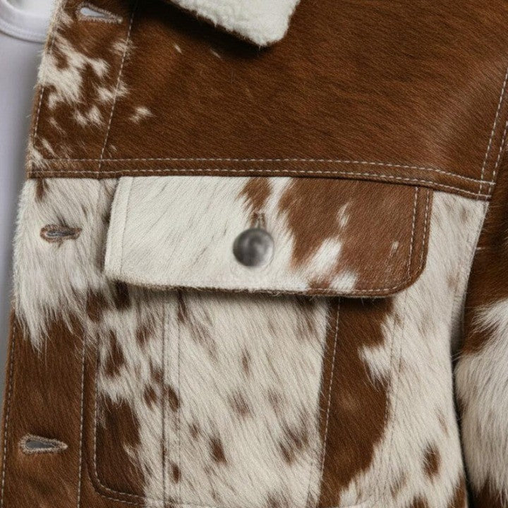 Mens Brown and Cream Shearling Collar Leather Jacket with Patterned Panels  Winter Casual Outerwear