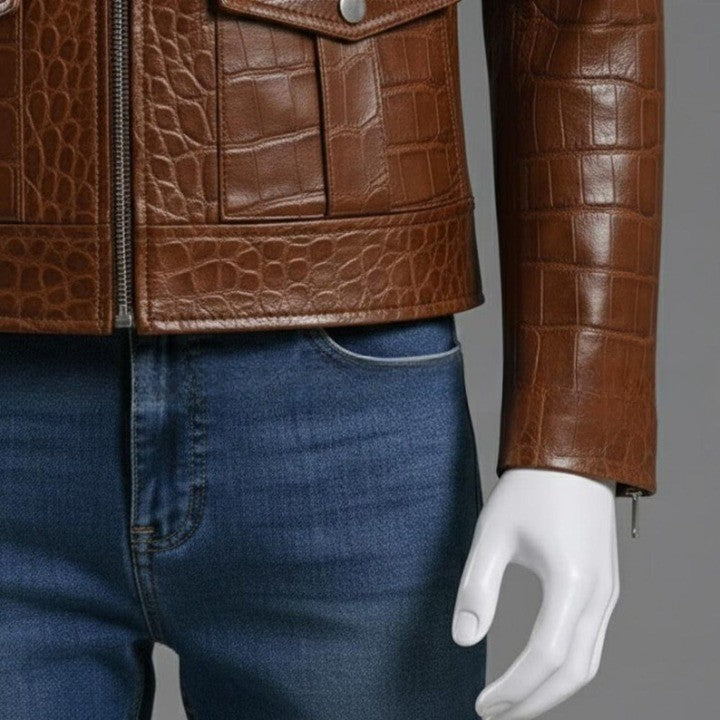 Mens Brown Crocodile Embossed Genuine Leather Jacket