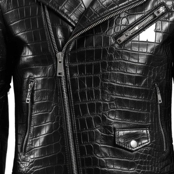 Mens Black Crocodile Embossed Leather Biker Jacket  Genuine Leather Motorcycle Moto Jackets Handmade
