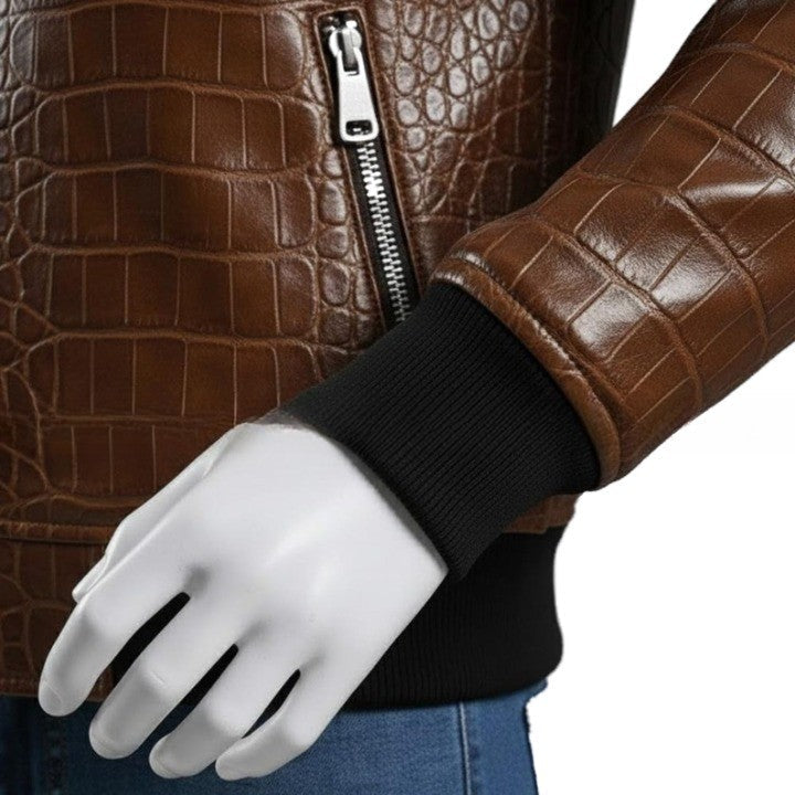 Mens Crocodile Embossed Leather Bomber Jacket  Genuine Leather Aviator Coat