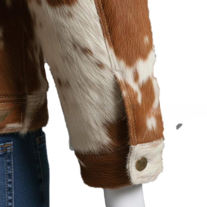 Mens Hair On Cowhide Trucker Jacket  Rust Brown  Ivory Western Outerwear