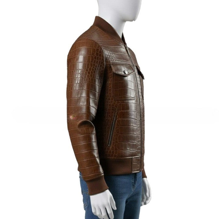 Mens Brown Croc Embossed Genuine Leather Bomber Jacket