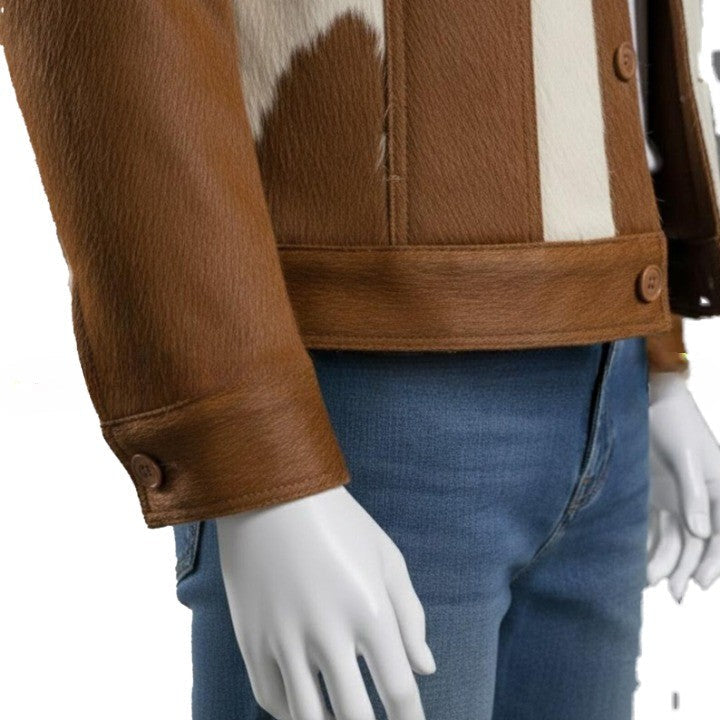 Mens Brown  Cream Cowhide Style Leather Jacket  Handmade Patchwork Western Jacket