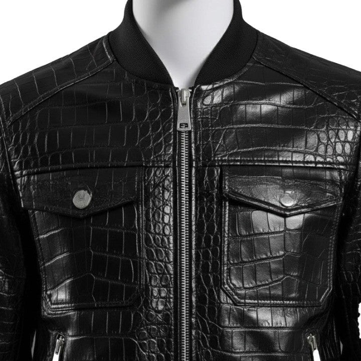 Mens Luxury Black Crocodile Embossed Leather Jacket  New Style Genuine Leather Bomber Jackets