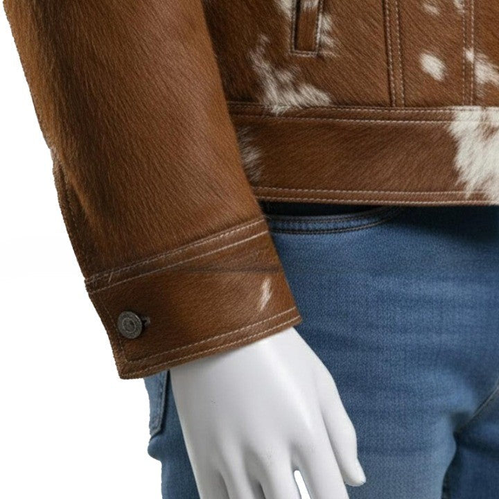 Mens Brown  Cream Cowhide Style Leather Jacket  Handmade Pathwork Western Jacket