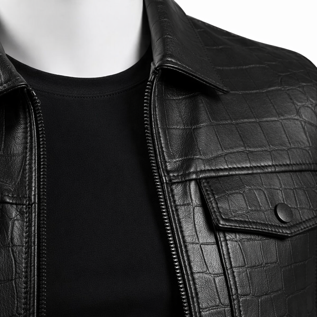 Mens Black Crocodile Embossed Genuine Leather Aviator Jacket