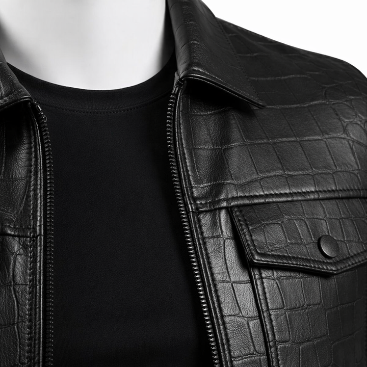Mens Black Crocodile Embossed Genuine Leather Aviator Jacket