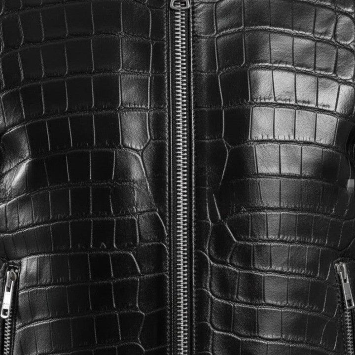 Mens Black Crocodile Embossed Leather Jacket  Genuine Leather Biker Style Handmade Jackets