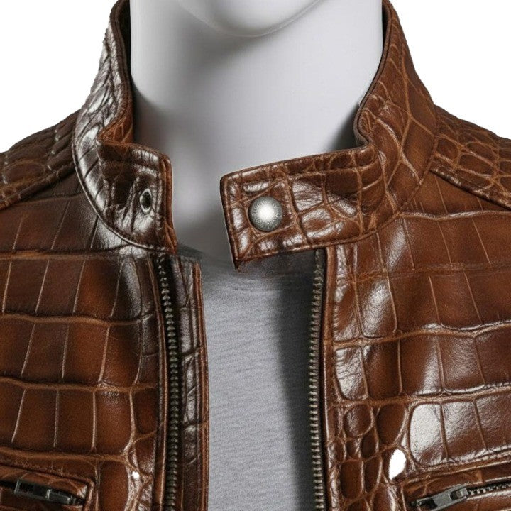 Embossed Brown Leather Jacket Men  Genuine Leather Stand Collar