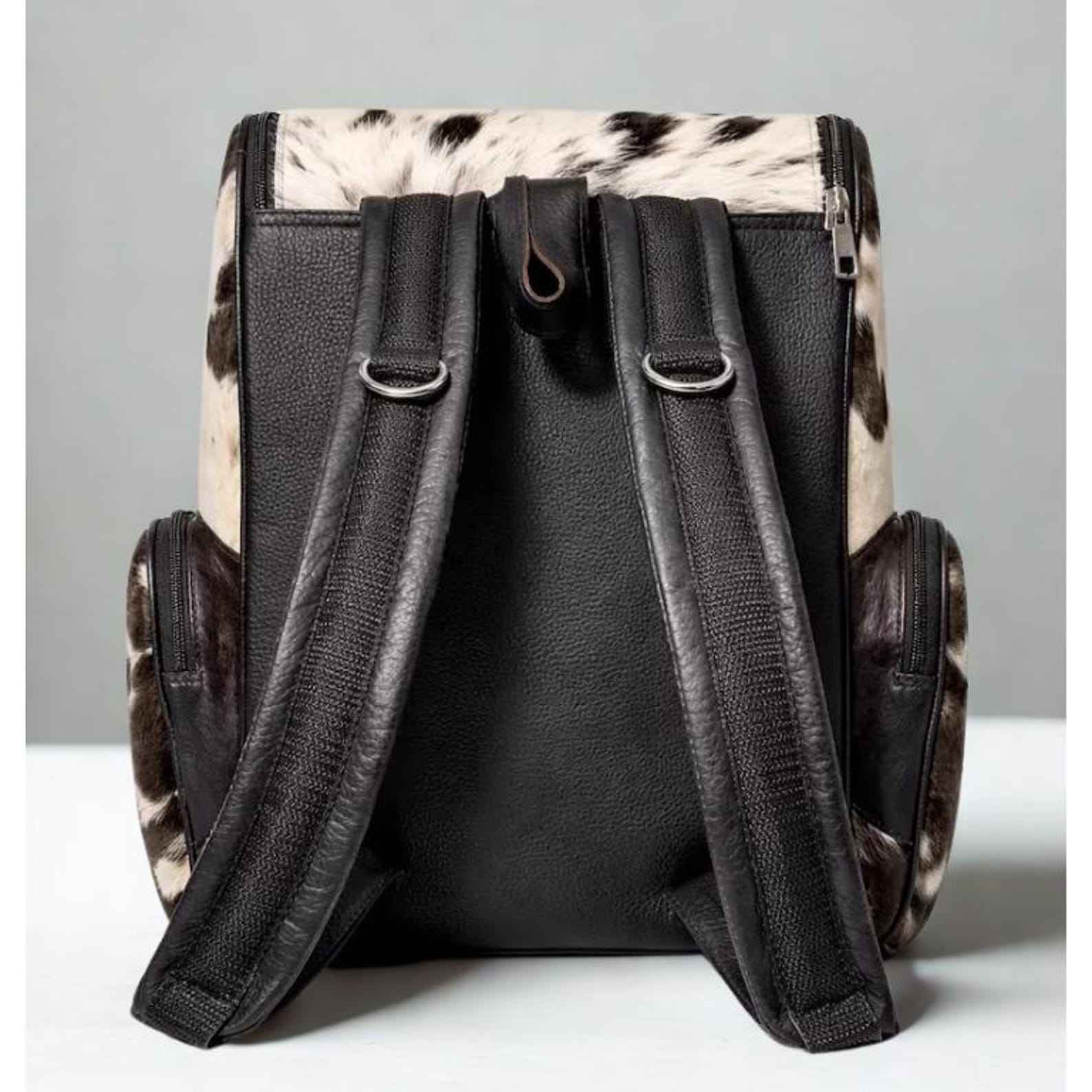 Handmade Genuine Cowhide Backpack, Black White Spotted Leather Rucksack