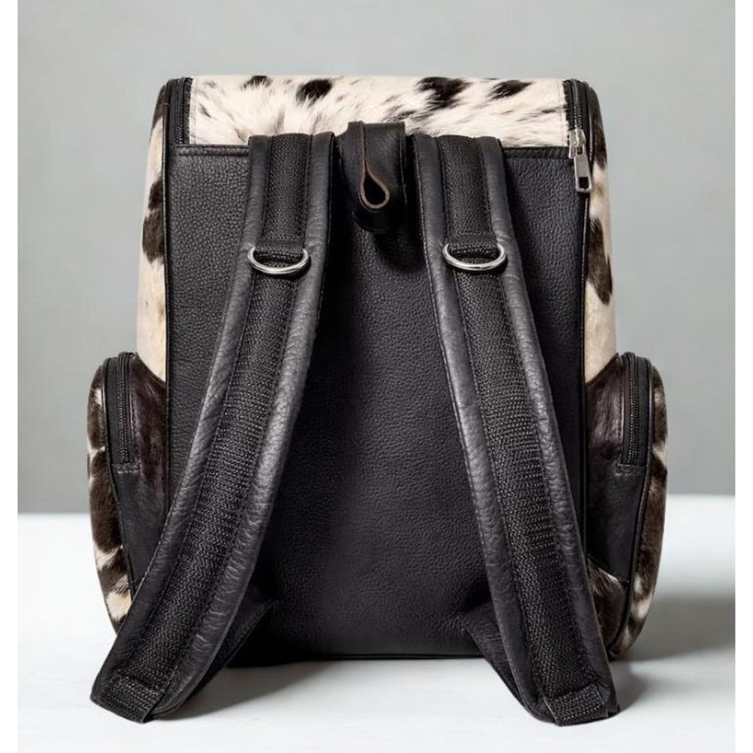 Handmade Genuine Cowhide Backpack, Black White Spotted Leather Rucksack