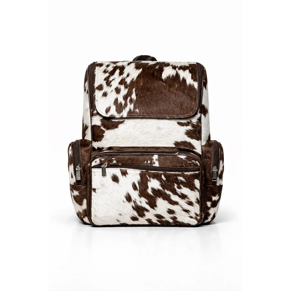 Handmade Genuine Cowhide Backpack  Brown & White Spotted Leather Backpack  Large Western12