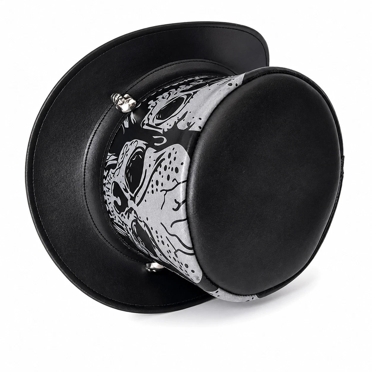 Black Genuine Leather Skull Top Hat Silver Gothic Steampunk WesternCowboy Unisex