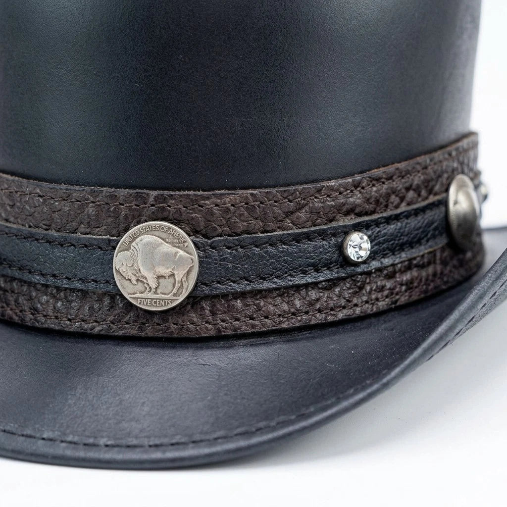 Black Leather Top Hat Handmade Bull Nickle Style Band Victorian Hat Steampunk