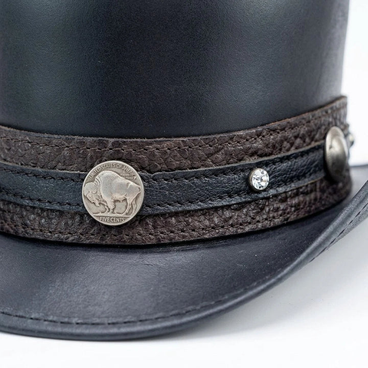 Black Leather Top Hat Handmade Bull Nickle Style Band Victorian Hat Steampunk