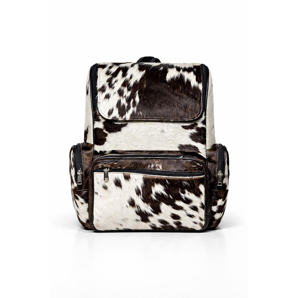 Handmade Genuine Cowhide Backpack  Black & White Spotted Leather Backpack  Large Western