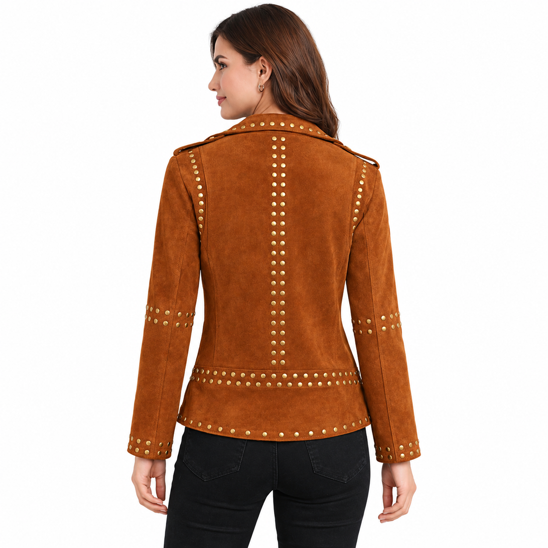 WLJ03 Home of Leather Women Brown Studded Brando Leather Jacket