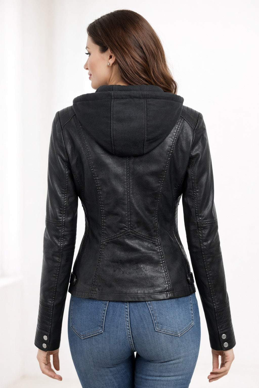 WLJ05 Detach Hoodie Womens Black Biker Stylish Real Leather Motorcycle Jacket