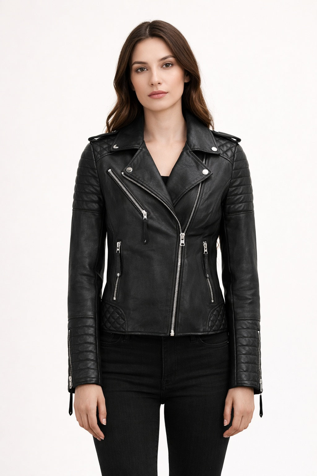 WLJ06 Classic Biker Fashion Womens Black Jacket Real Leather Biker Ladies Jacket 2260