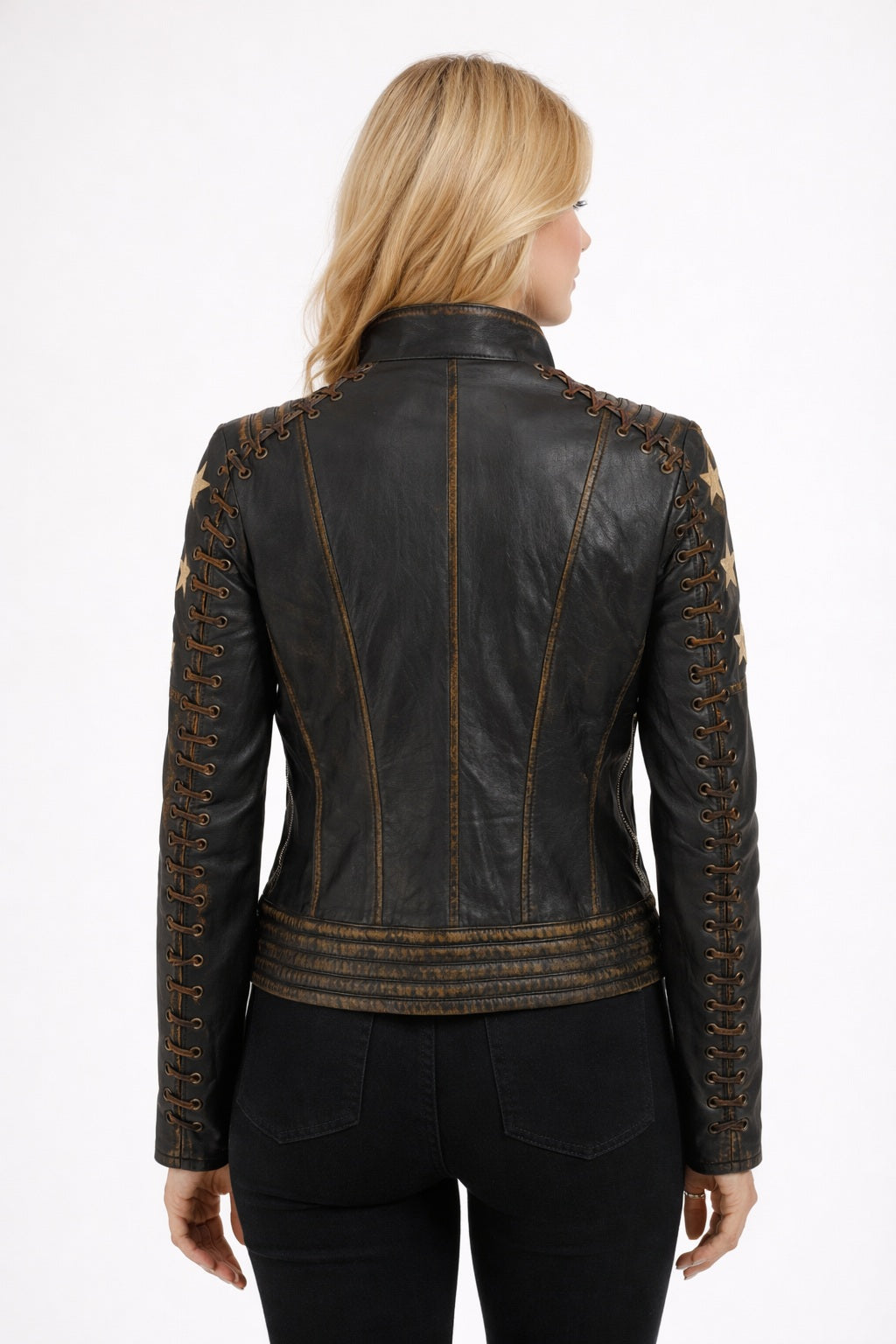 WLJ11 Womens Cafe Racer Star Slim Fit Stars Distressed Brown Classic Biker Leather Jacket