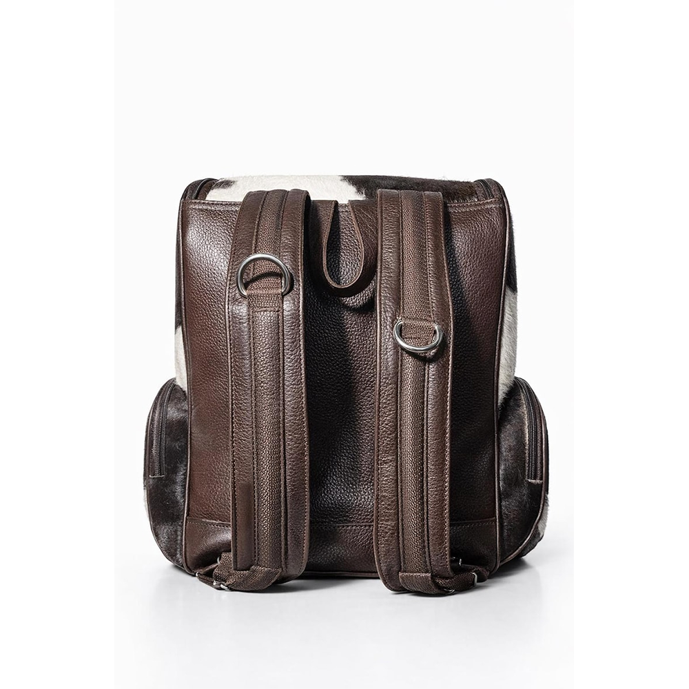Handmade Genuine Cowhide Backpack  Brown & White Spotted Leather Backpack  Large Western Rucksack with Pockets