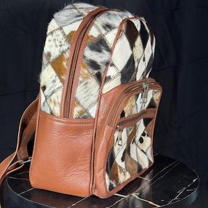 Handmade Cowhide Leather Backpack Patchwork Hair on Hide Rucksack