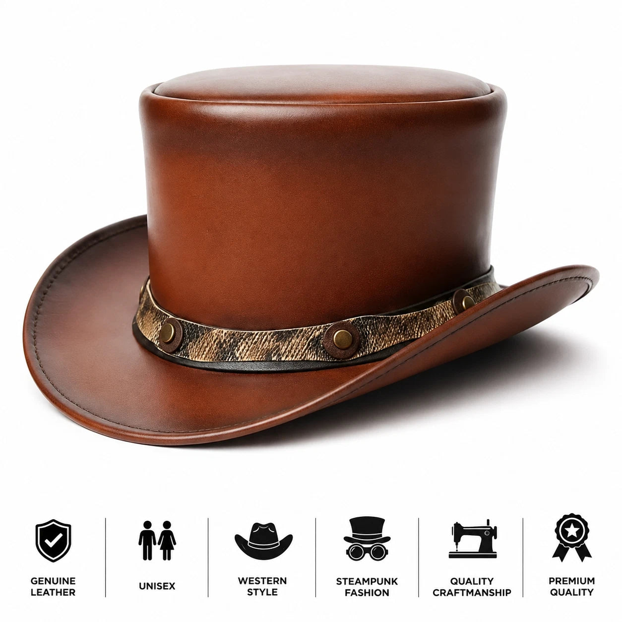 Brown Genuine Leather Top Hat Western Cowboy Steampunk Victorian Gothic Unisex