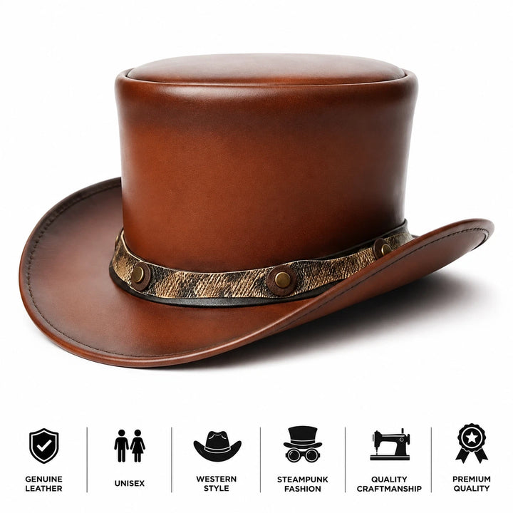 Brown Genuine Leather Top Hat Western Cowboy Steampunk Victorian Gothic Unisex