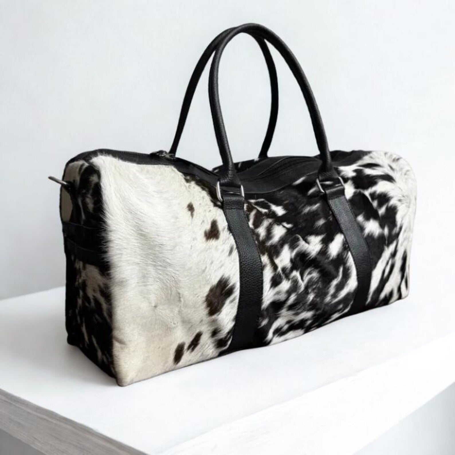 Black  White Cowhide Duffle Bag Handmade Western Weekender