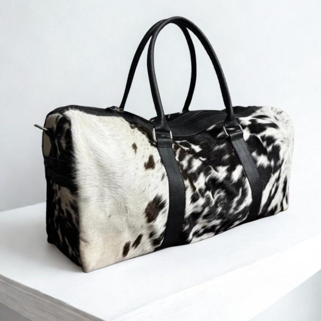 Black  White Cowhide Duffle Bag Handmade Western Weekender