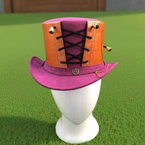 Handmade Purple Orange Leather Top Hat Steampunk Lace Up Cosplay Festival Wear