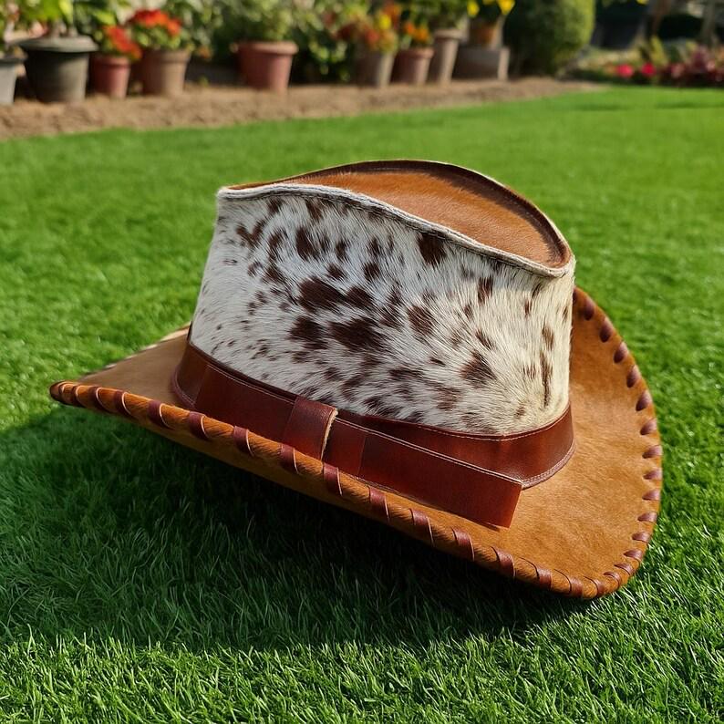 Handmade Unisex Hair On Cowhide Cowboy Hat Whipstitch Brim Western Cosplay Leather