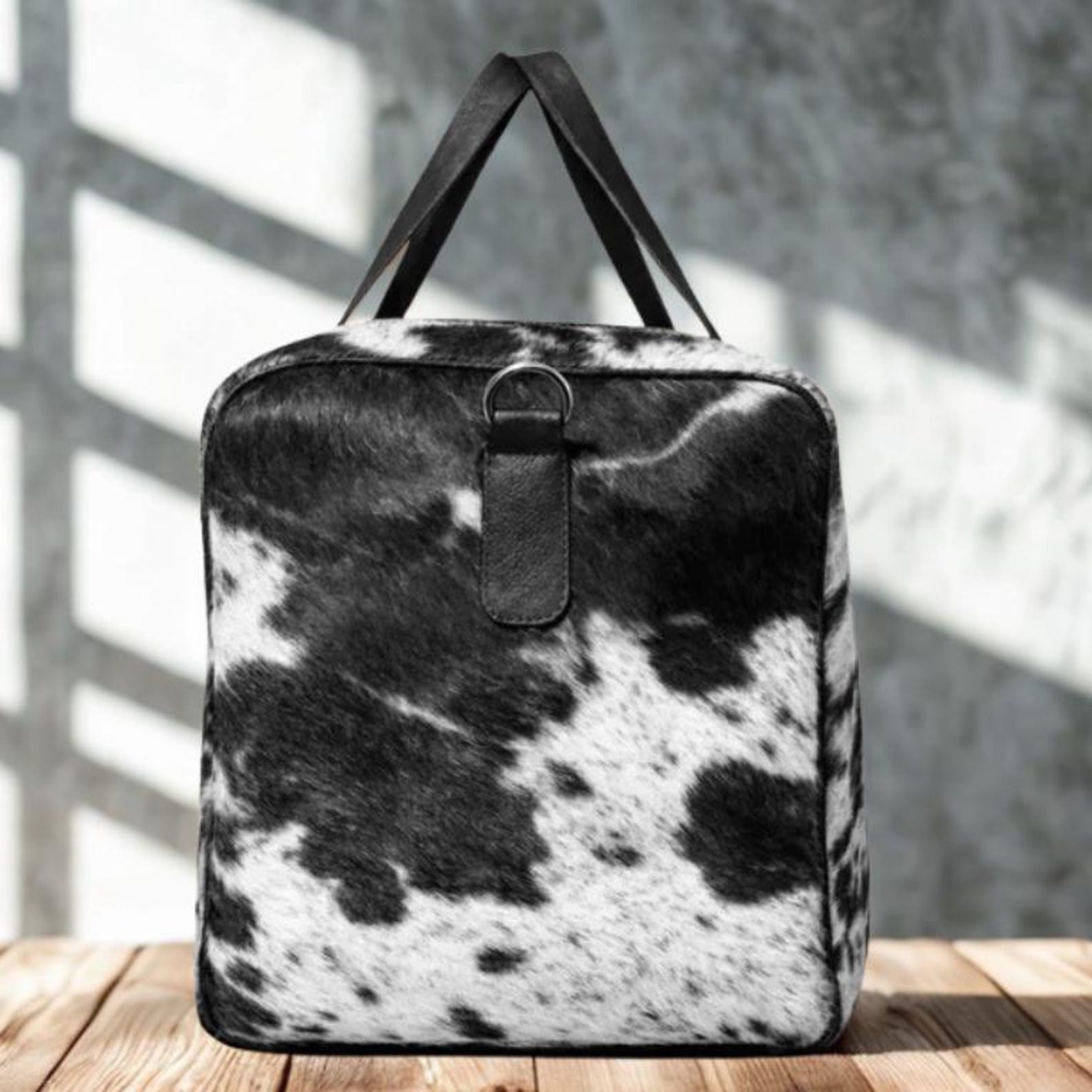 Black White Cowhide Duffle Bag  Leather Western Weekender Travel Bag 22