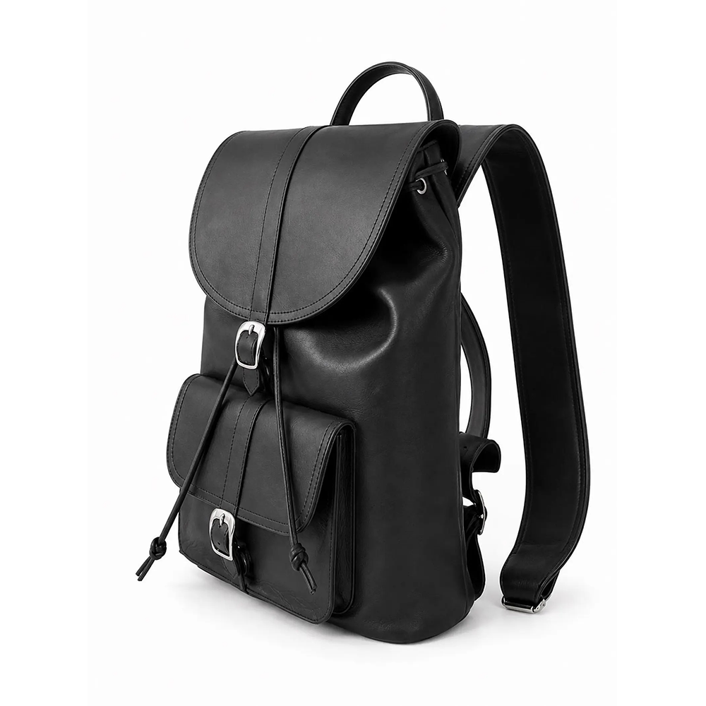 Black Leather Rucksack, Vintage Minimalist Travel Backpack, Laptop Bag