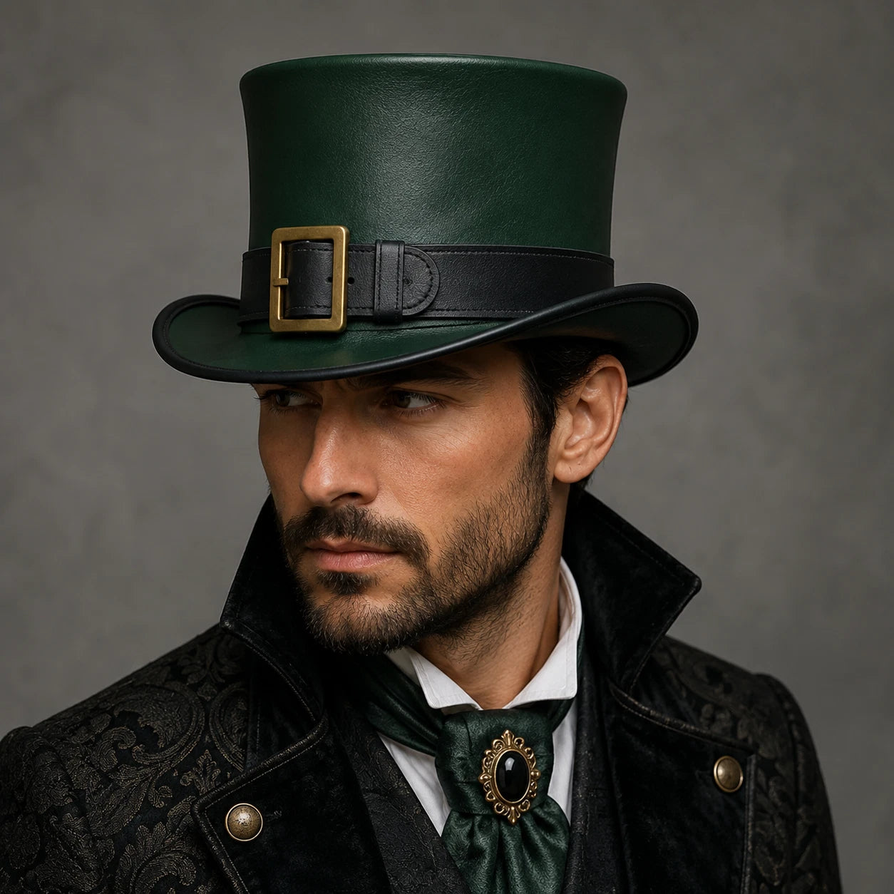 Green Steampunk Top Hat Black Faux Leather Gold Buckle Gothic Western Costume