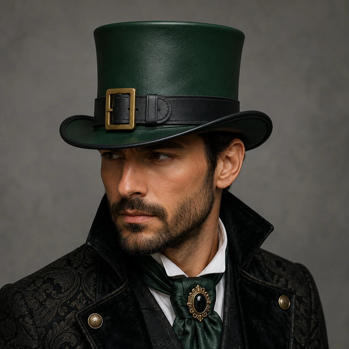 Green Steampunk Top Hat Black Faux Leather Gold Buckle Gothic Western Costume