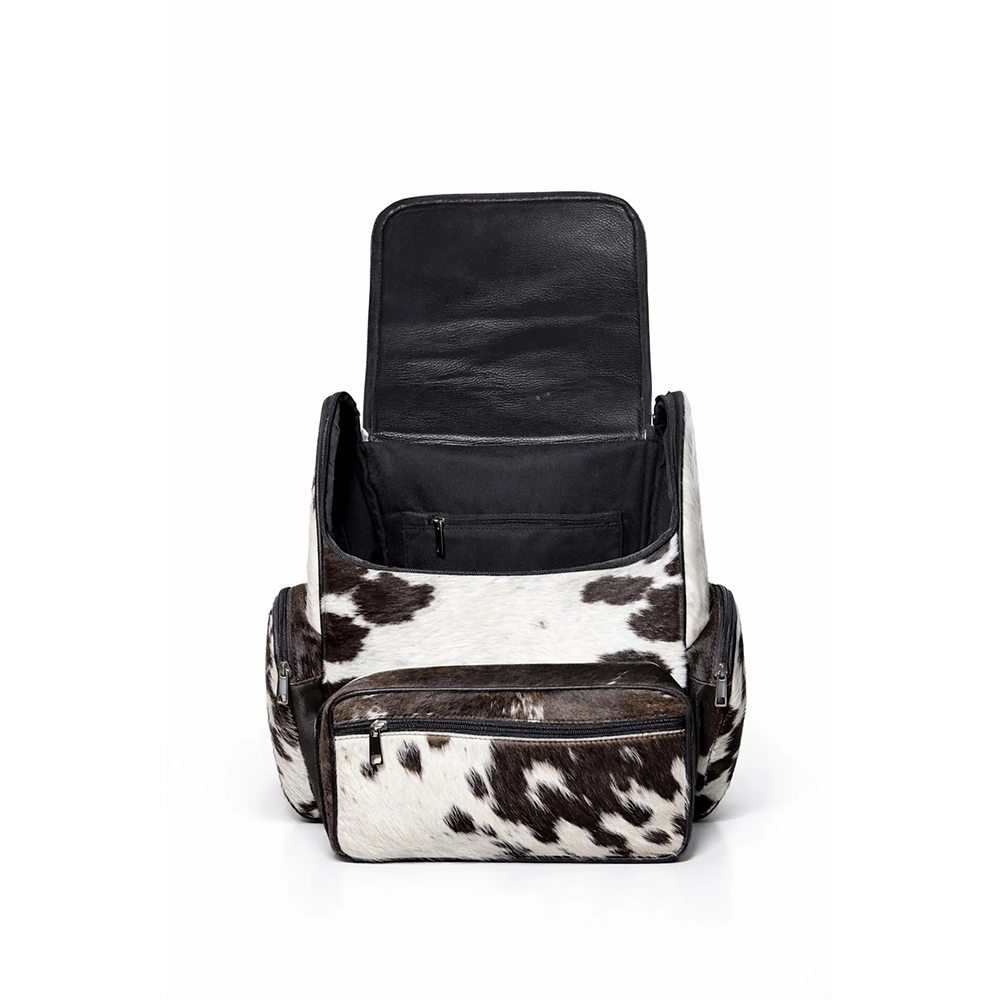 Handmade Genuine Cowhide Backpack  Black & White Spotted Leather Backpack  Large Western66