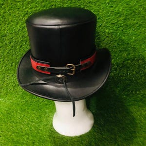 Handmade Black real Leather Top Hat Red Band Steampunk Cosplay Accessory