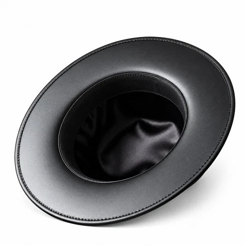 Mens Black Leather Cowboy Hat Chain Band Western Steampunk Gothix