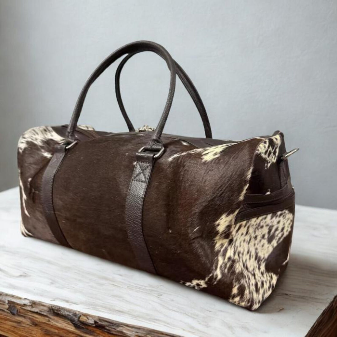 Brown  White Cowhide Duffel Bag  Hair On Hide Western Weekender