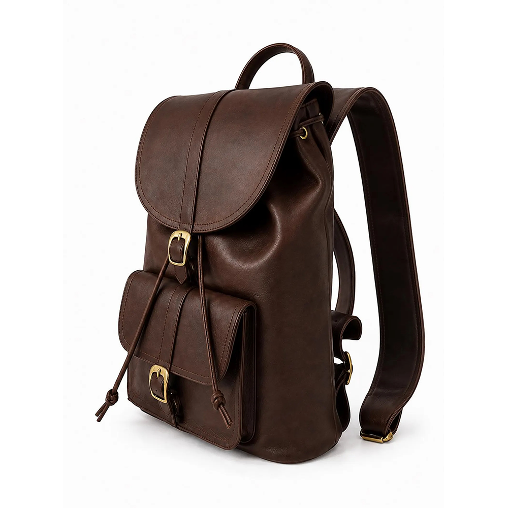Chocolate Brown Leather Backpack, Vintage Rustic Travel Rucksack, Brass Buckle Daypack