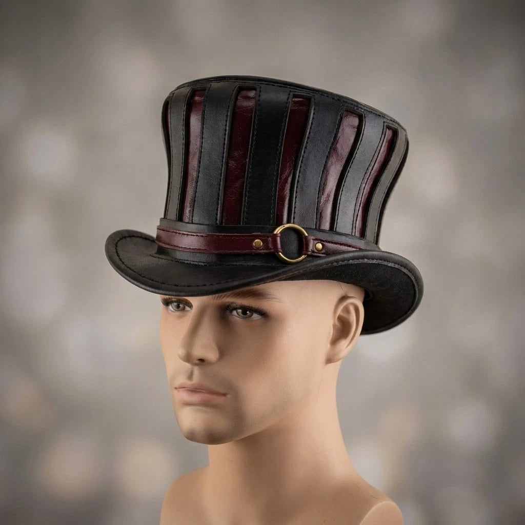Black Leather Steampunk Top Hat Victorian Gothic Costume Festival Cosplay Hat