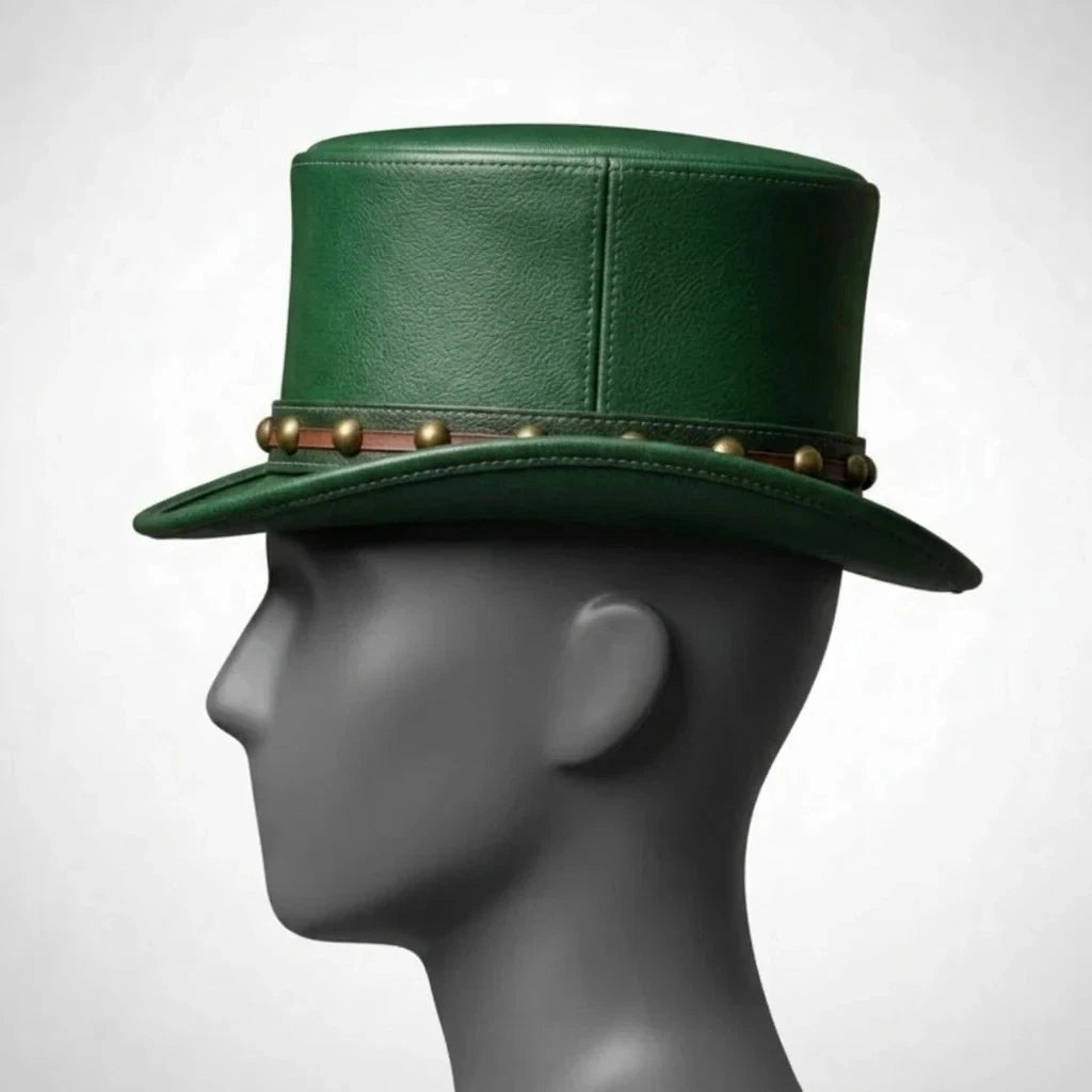 Genuine Leather Steampunk Top Hat Green Studded Band Gothic Mad Hatter S